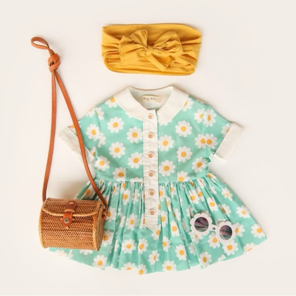 Girls' Daisy Print Mint Green Dress with White Collar